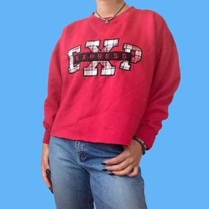 90s Red Vintage Plaid Embroidered Express Cropped Sweater long sleeve